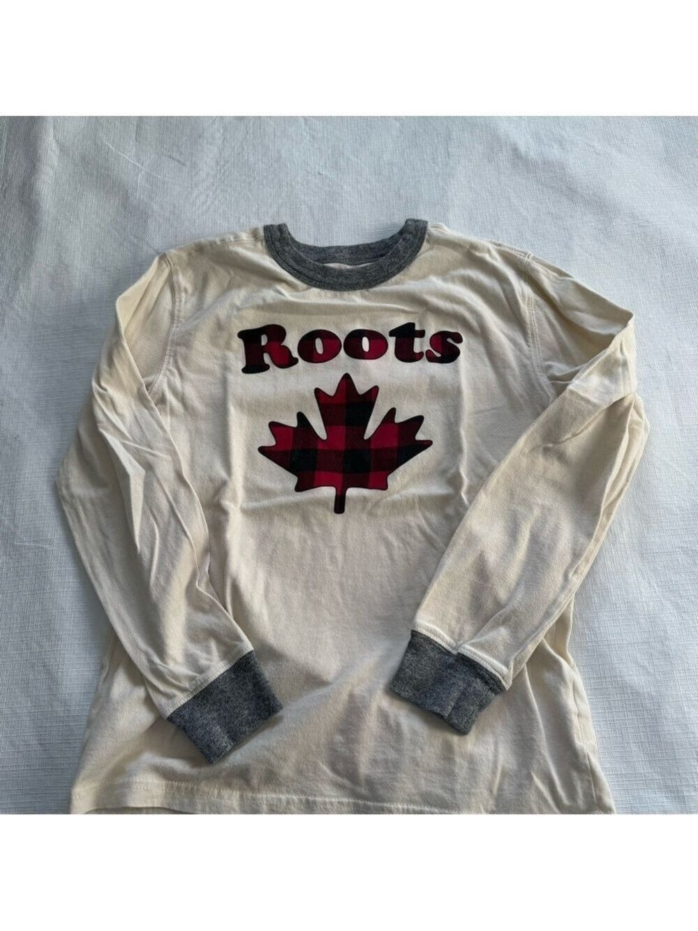 Roots Cream and Gray Long Sleeve Tee with Red Plaid Maple Leaf